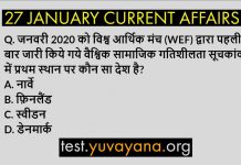27 January 2020 Current Affairs Quiz in hindi