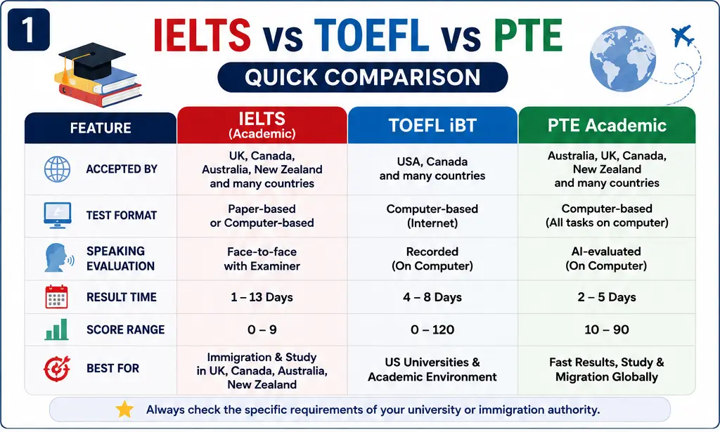 IELTS vs TOEFL vs PTE: Which English Test Should You Choose? 1 IELTS vs TOEFL vs PTE